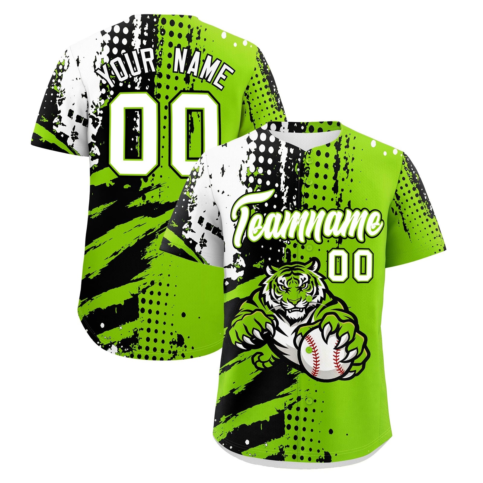 Custom Neon Green Black White Baseball Jersey Full-Snap Graffiti Pattern Tiger Graffiti Jersey