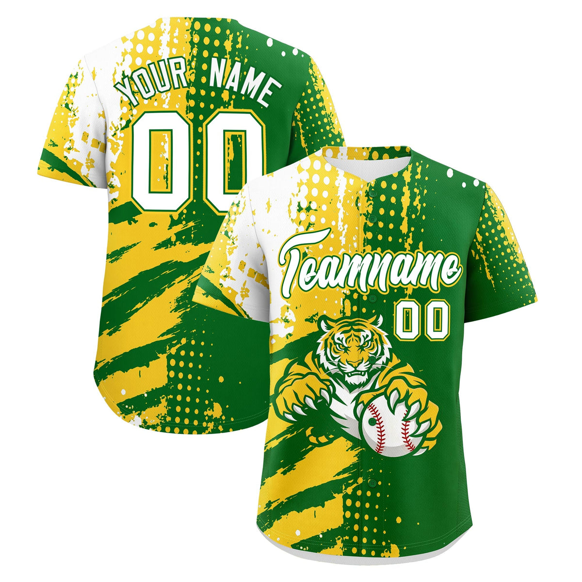 Custom Kelly Green Gold White Baseball Jersey Full-Snap Graffiti Pattern Tiger Graffiti Jersey