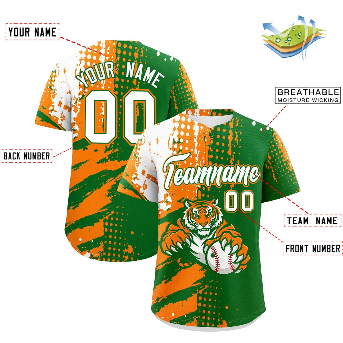Custom Kelly Green Orange White Full-Snap Graffiti Pattern Tiger Graffiti Jersey Baseball Jersey| KXKSHOP