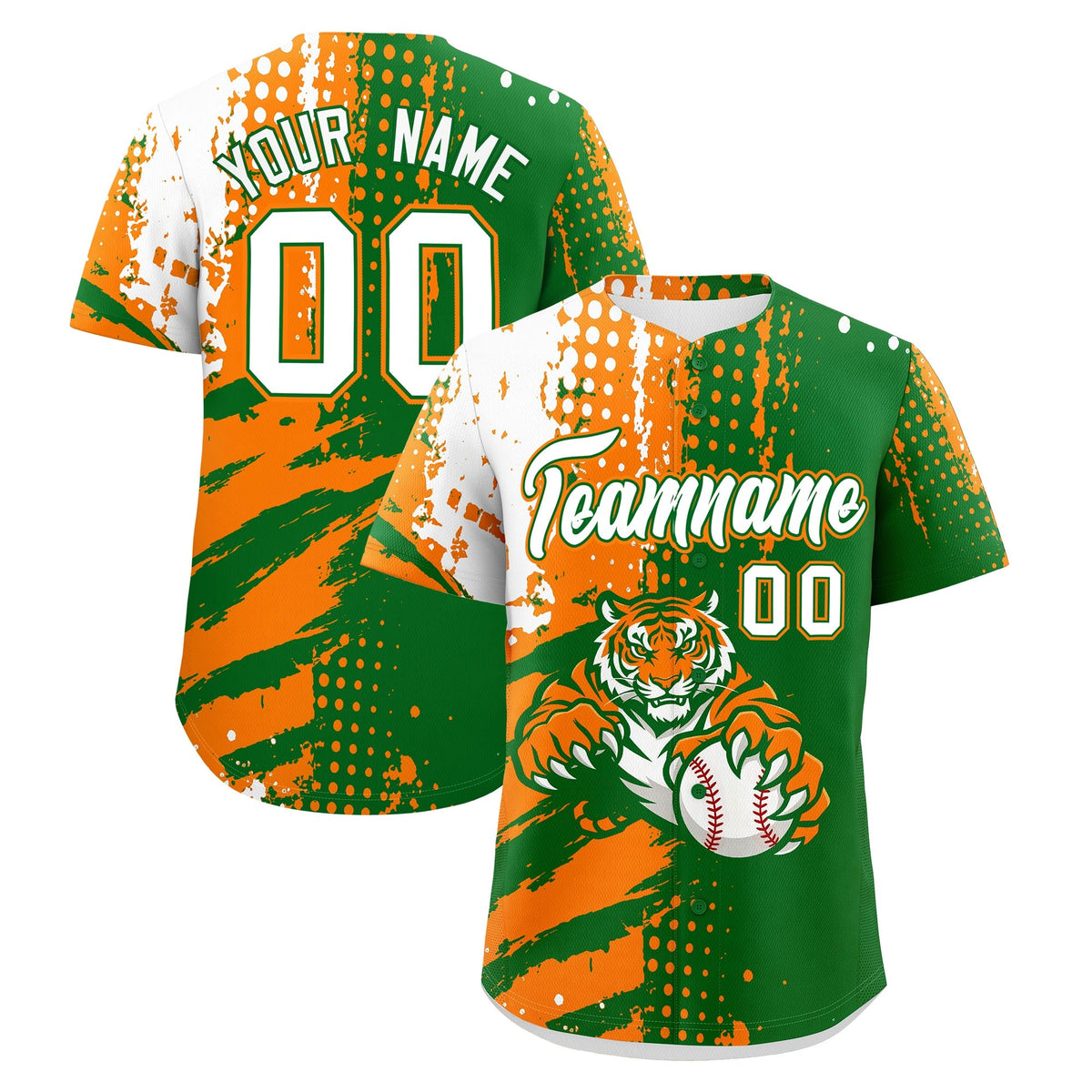 Custom Kelly Green Orange White Baseball Jersey Full-Snap Graffiti Pattern Tiger Graffiti Jersey