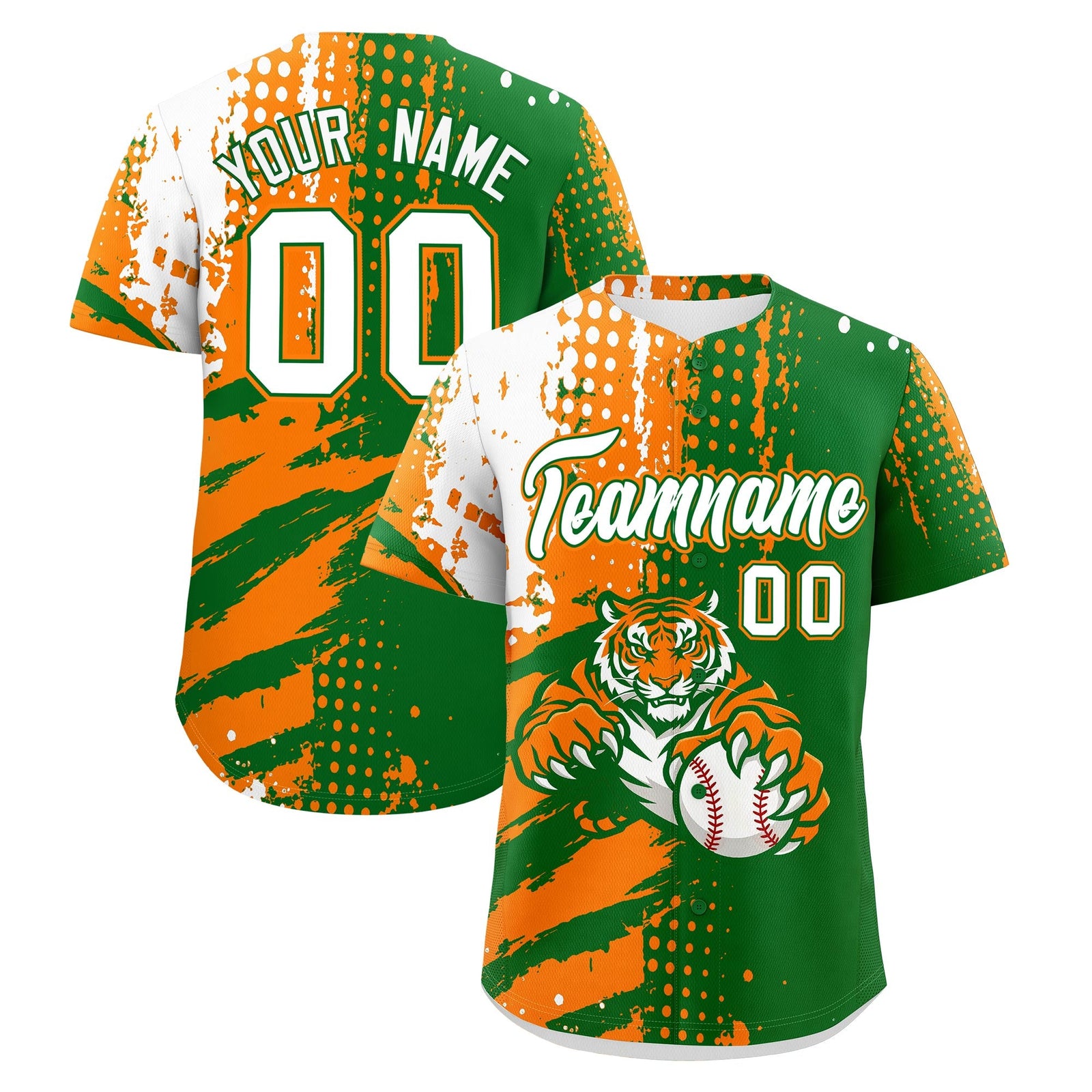 Custom Kelly Green Orange White Baseball Jersey Full-Snap Graffiti Pattern Tiger Graffiti Jersey