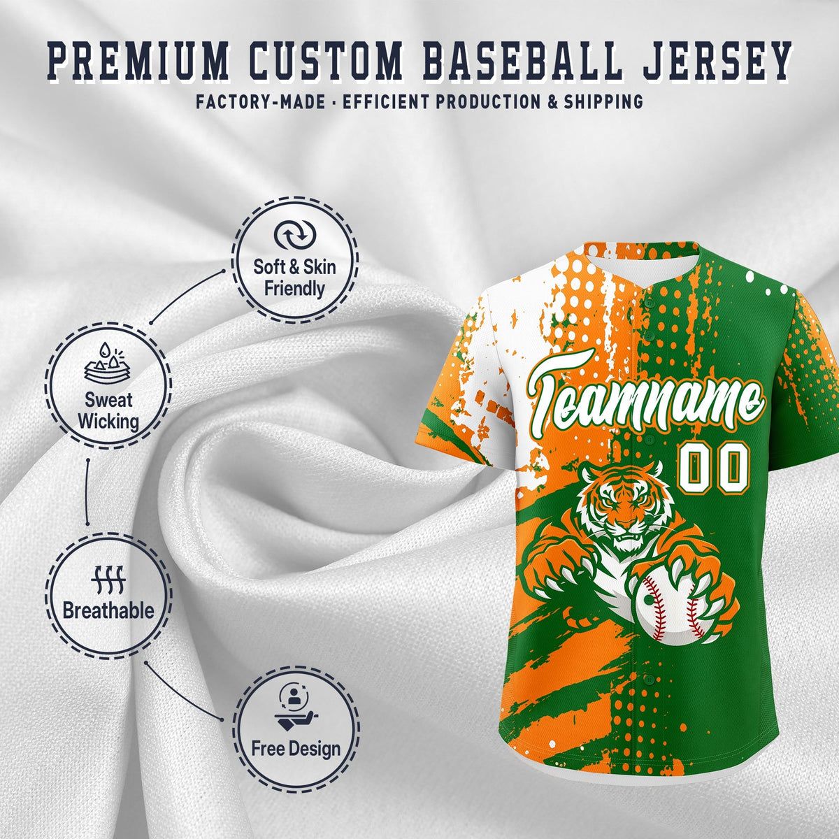 Custom Kelly Green Orange White Full-Snap Graffiti Pattern Tiger Graffiti Jersey Baseball Jersey| KXKSHOP