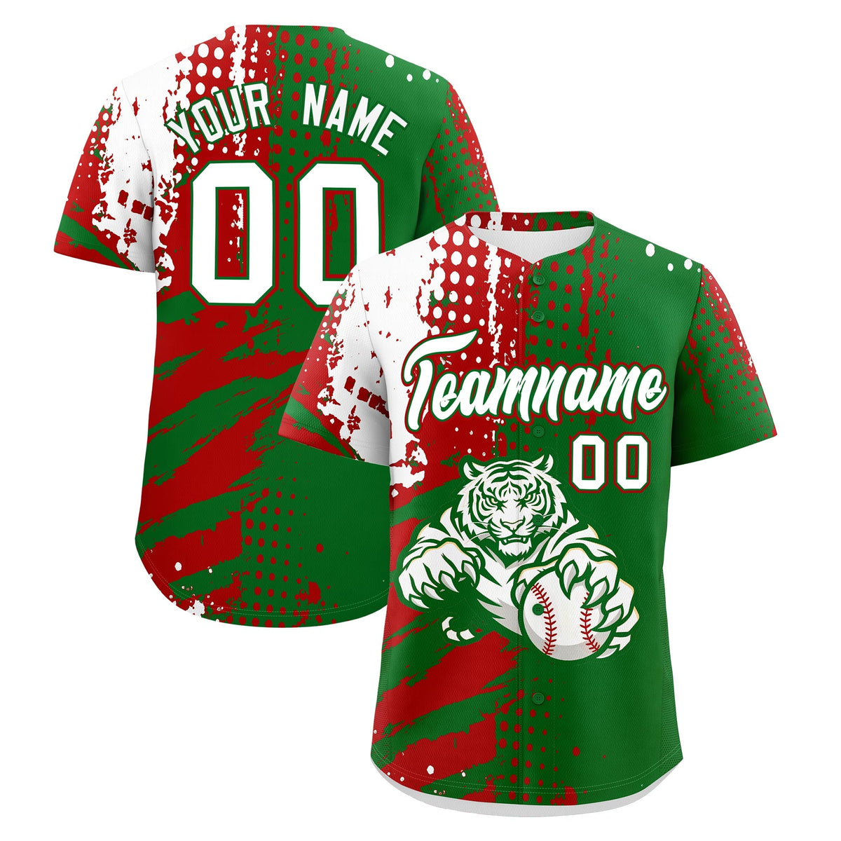 Custom Kelly Green Red White Baseball Jersey Full-Snap Graffiti Pattern Tiger Graffiti Jersey