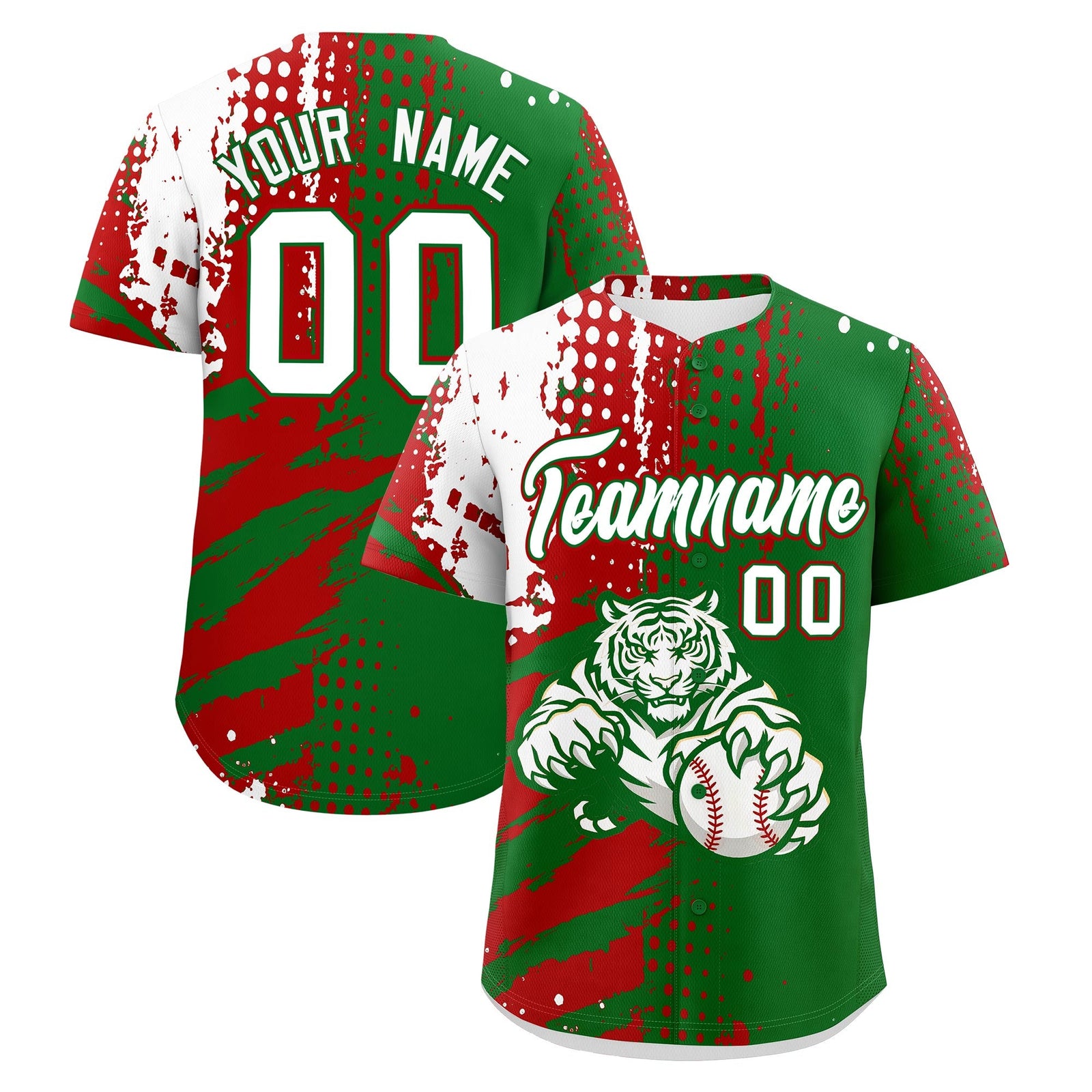 Custom Kelly Green Red White Baseball Jersey Full-Snap Graffiti Pattern Tiger Graffiti Jersey