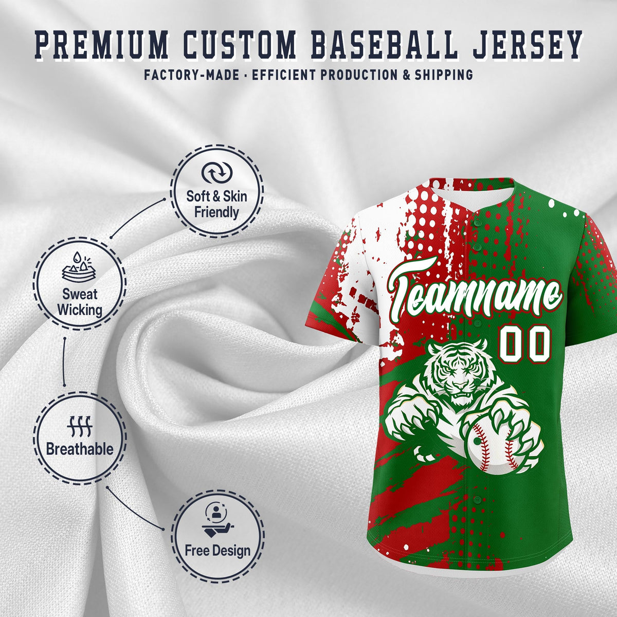Custom Kelly Green Red White Full-Snap Graffiti Pattern Tiger Graffiti Jersey Baseball Jersey| KXKSHOP