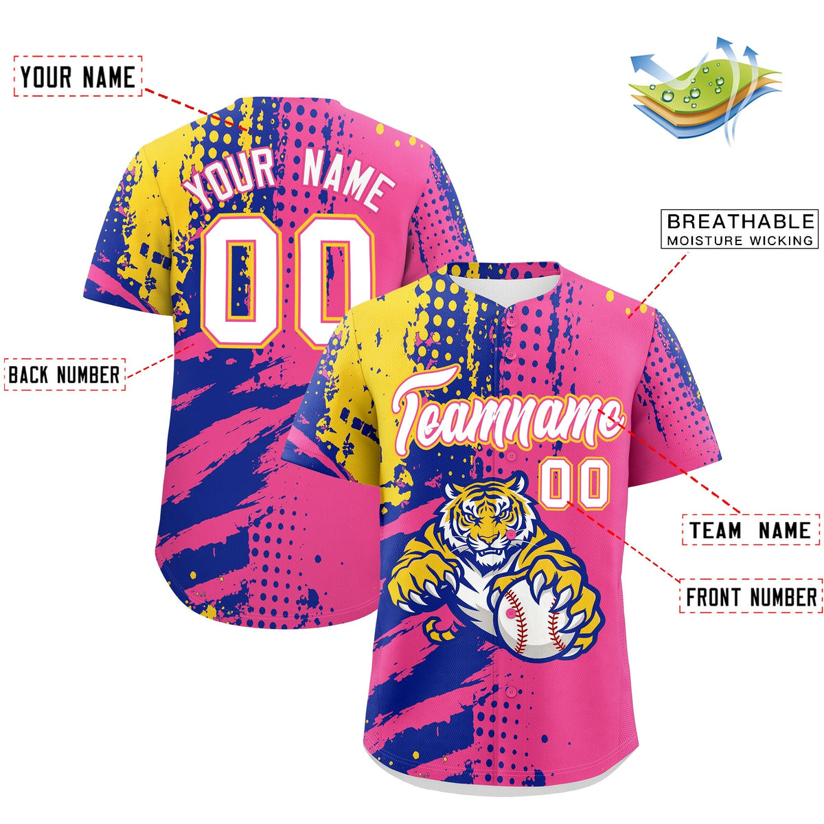 Custom Pink Royal Blue Gold Full-Snap Graffiti Pattern Tiger Graffiti Jersey Baseball Jersey| KXKSHOP