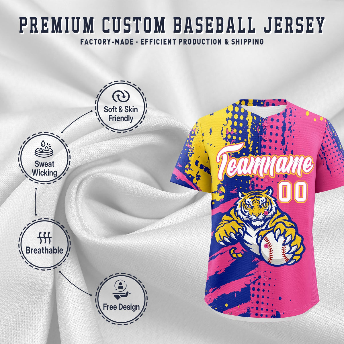 Custom Pink Royal Blue Gold Full-Snap Graffiti Pattern Tiger Graffiti Jersey Baseball Jersey| KXKSHOP