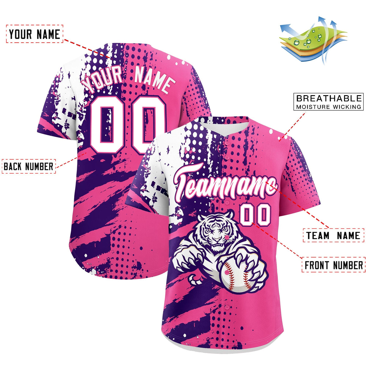 Custom Pink Purple White Full-Snap Graffiti Pattern Tiger Graffiti Jersey Baseball Jersey| KXKSHOP