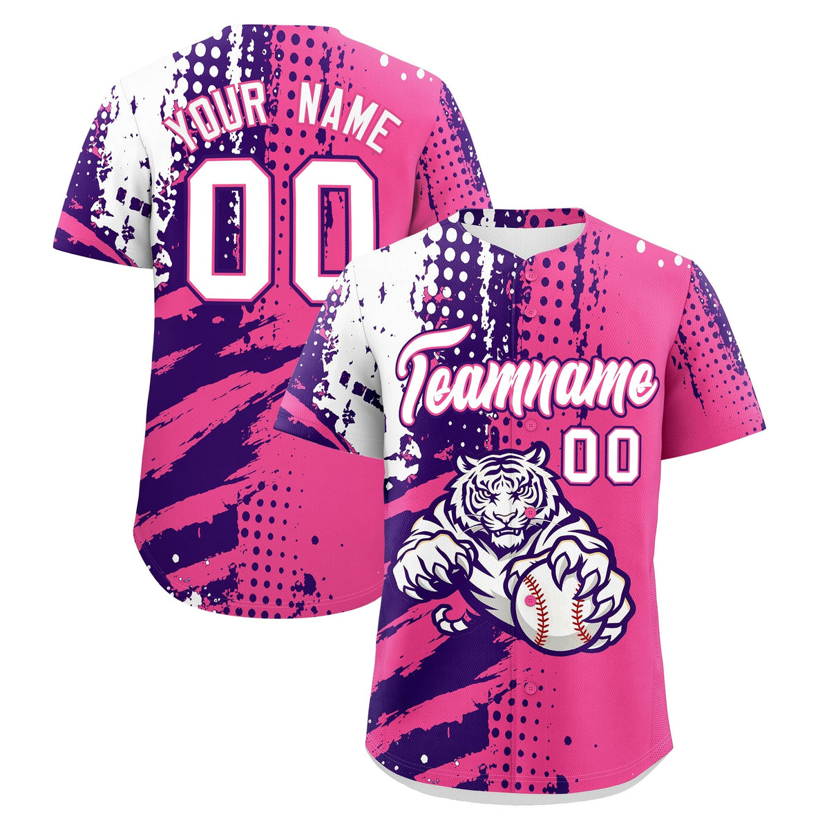 Custom Pink Purple White Baseball Jersey Full-Snap Graffiti Pattern Tiger Graffiti Jersey