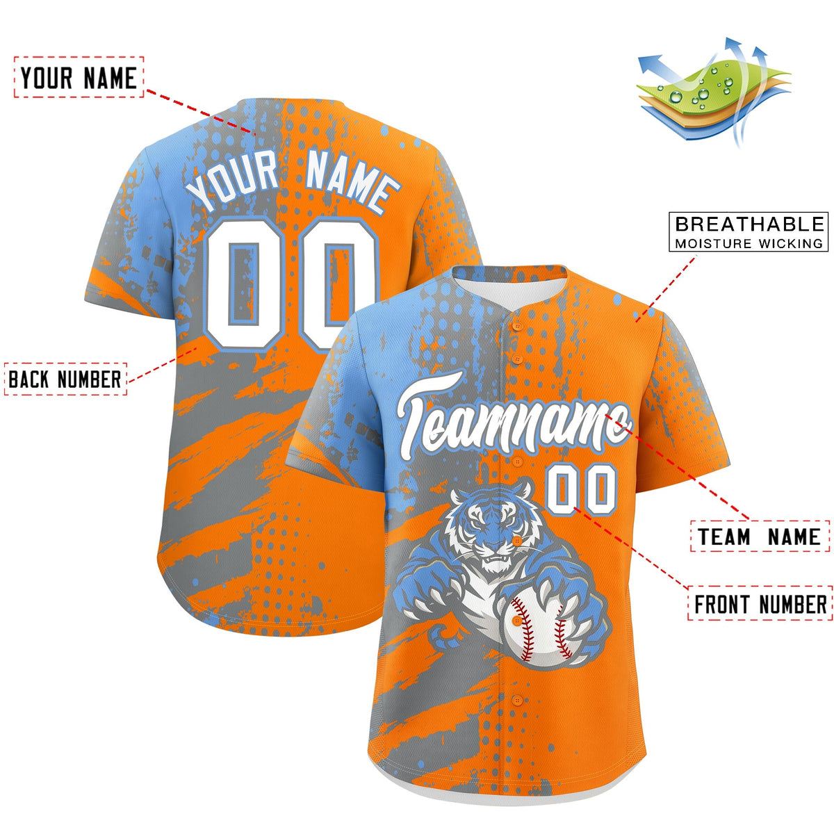 Custom Orange Silver Light Blue Full-Snap Graffiti Pattern Tiger Graffiti Jersey Baseball Jersey| KXKSHOP