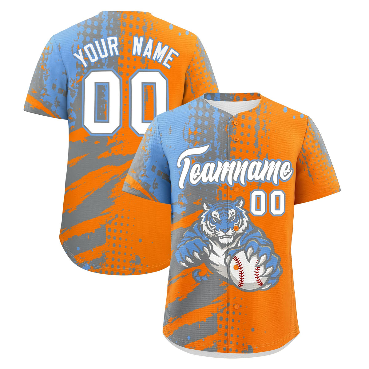 Custom Orange Silver Light Blue Baseball Jersey Full-Snap Graffiti Pattern Tiger Graffiti Jersey