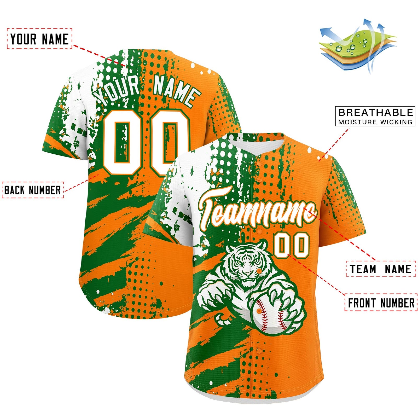Custom Orange Kelly Green White Full-Snap Graffiti Pattern Tiger Graffiti Jersey Baseball Jersey| KXKSHOP