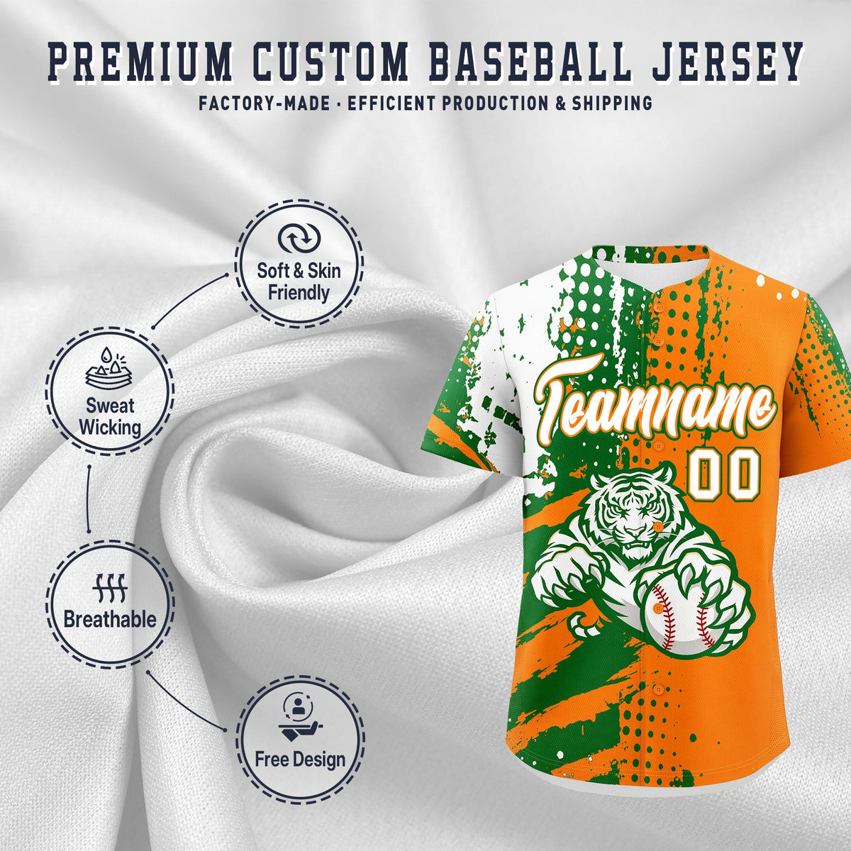 Custom Orange Kelly Green White Full-Snap Graffiti Pattern Tiger Graffiti Jersey Baseball Jersey| KXKSHOP