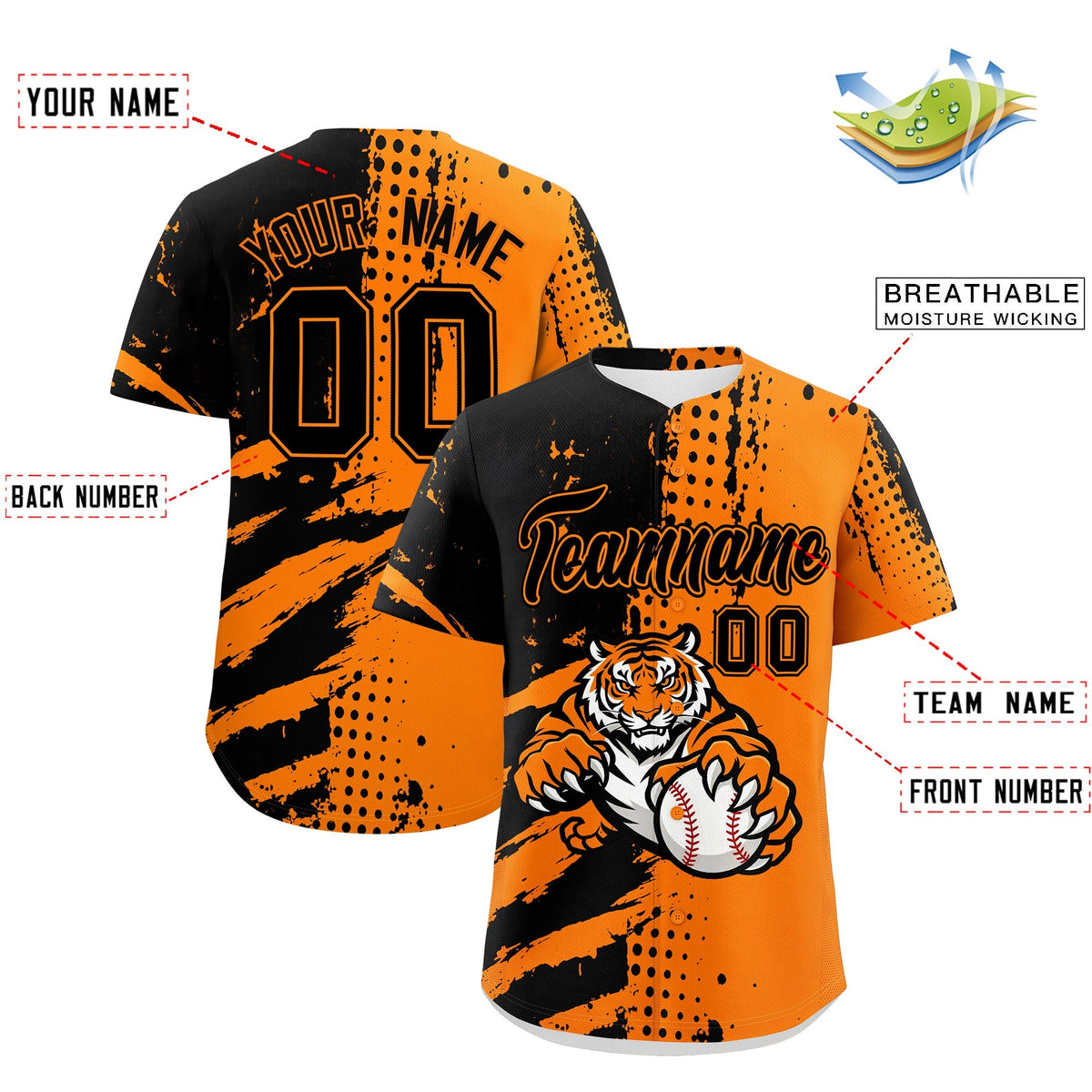 Custom Orange Black Full-Snap Graffiti Pattern Tiger Graffiti Jersey Baseball Jersey| KXKSHOP