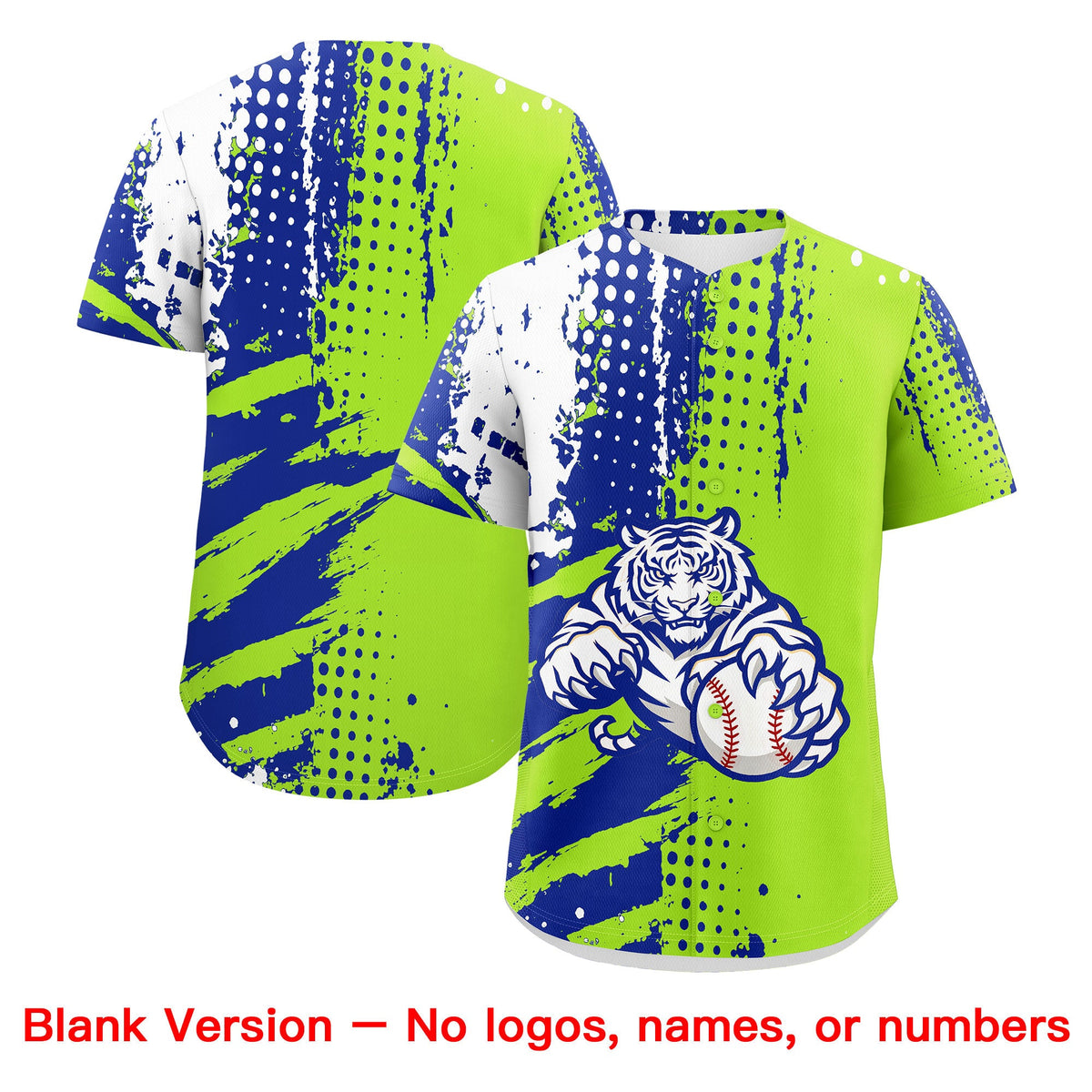 Custom Royal Blue Neon Green White Full-Snap Graffiti Pattern Tiger Graffiti Jersey Baseball Jersey| KXKSHOP