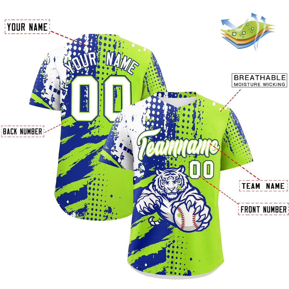 Custom Royal Blue Neon Green White Full-Snap Graffiti Pattern Tiger Graffiti Jersey Baseball Jersey| KXKSHOP