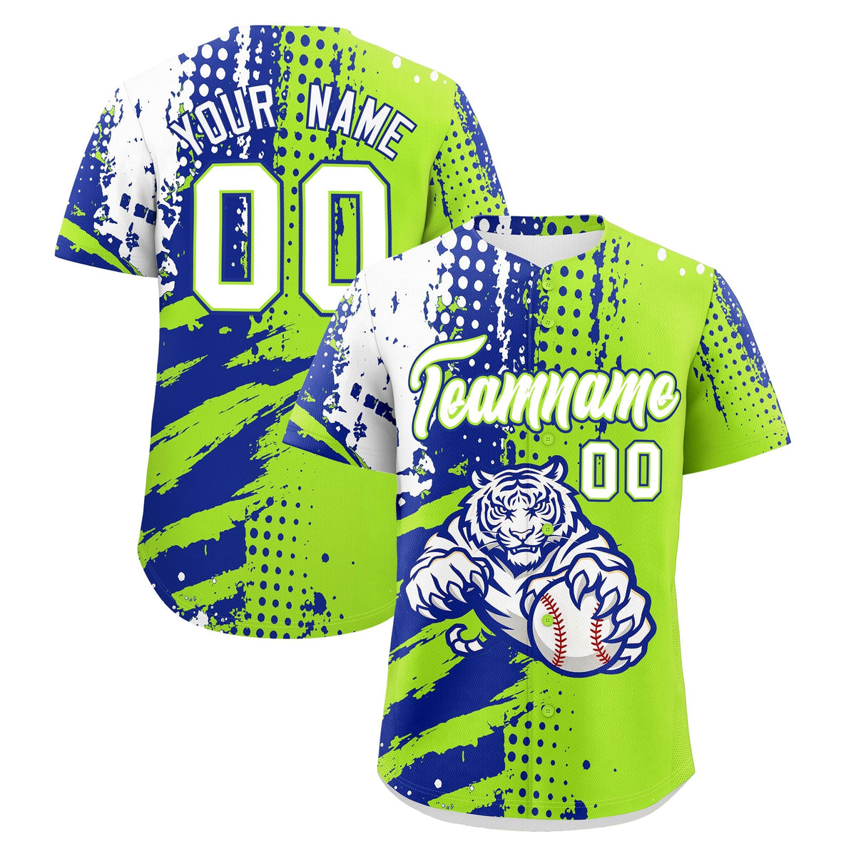 Custom Royal Blue Neon Green White Baseball Jersey Full-Snap Graffiti Pattern Tiger Graffiti Jersey