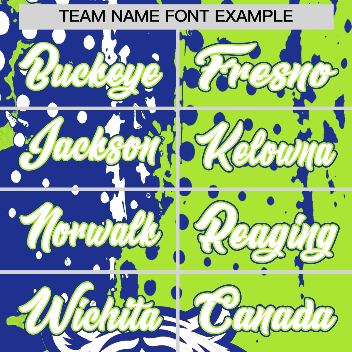 Custom Royal Blue Neon Green White Full-Snap Graffiti Pattern Tiger Graffiti Jersey Baseball Jersey| KXKSHOP