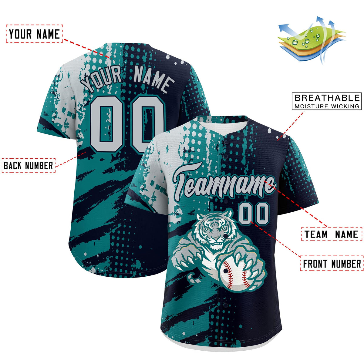 Custom Navy Teal Silver Full-Snap Graffiti Pattern Tiger Graffiti Jersey Baseball Jersey| KXKSHOP