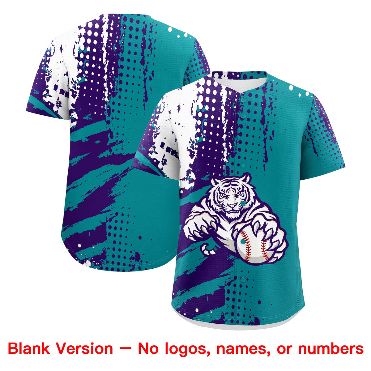 Custom Teal Purple White Full-Snap Graffiti Pattern Tiger Graffiti Jersey Baseball Jersey| KXKSHOP