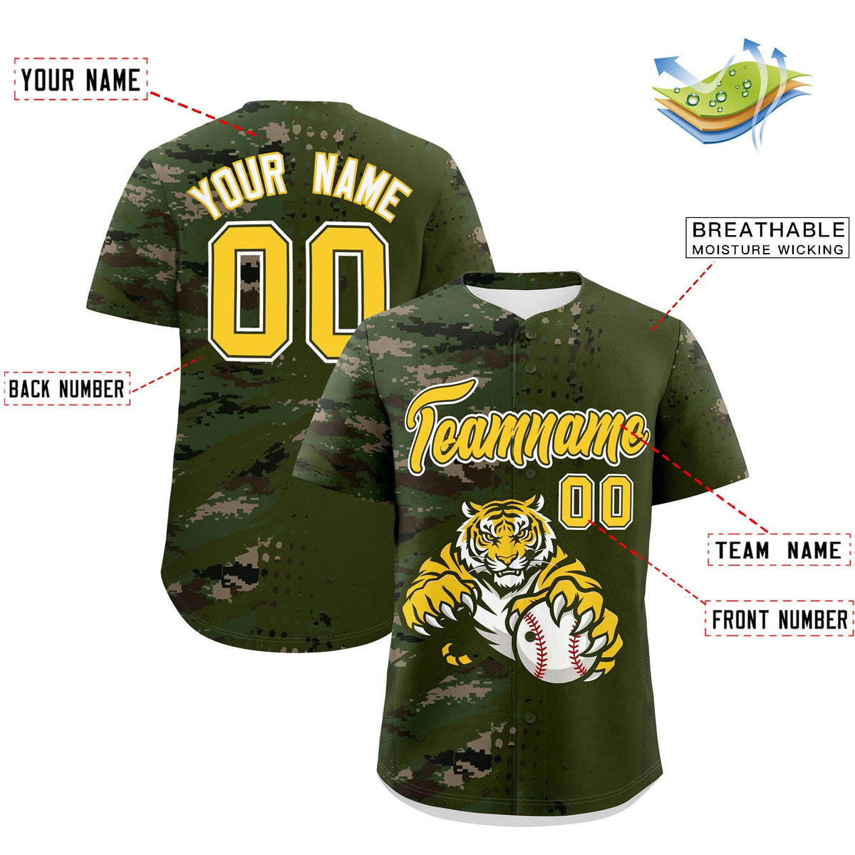 Custom Olive Camo Gold Full-Snap Graffiti Pattern Tiger Graffiti Jersey Baseball Jersey| KXKSHOP