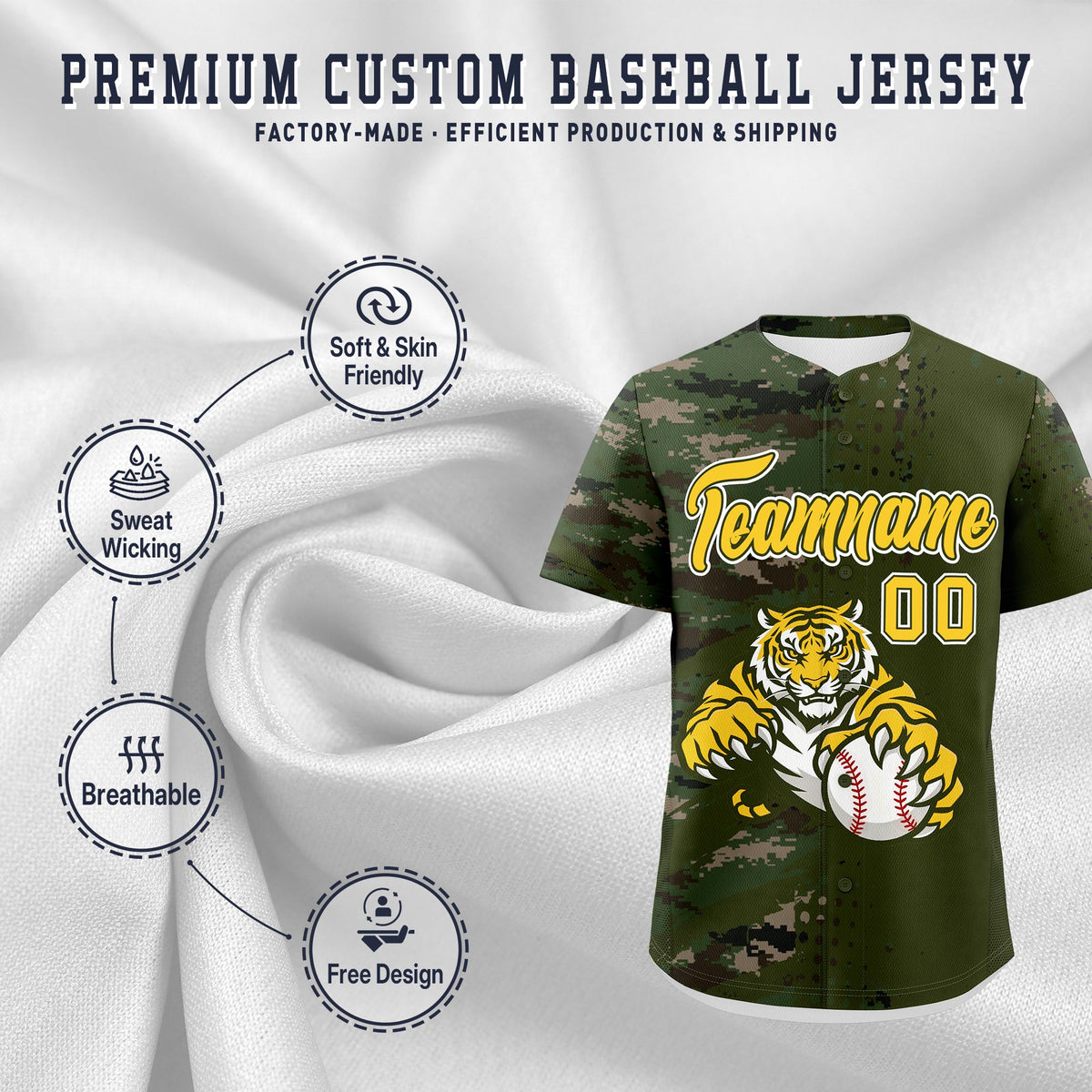 Custom Olive Camo Gold Full-Snap Graffiti Pattern Tiger Graffiti Jersey Baseball Jersey| KXKSHOP