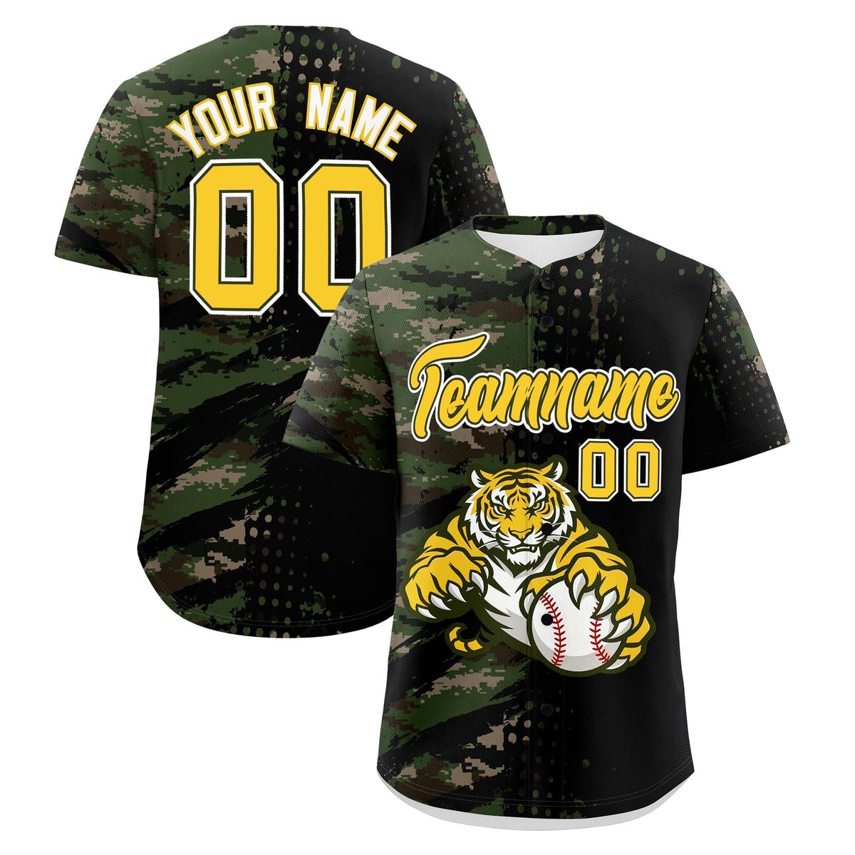 Custom Camo Black Gold Baseball Jersey Full-Snap Graffiti Pattern Tiger Graffiti Jersey