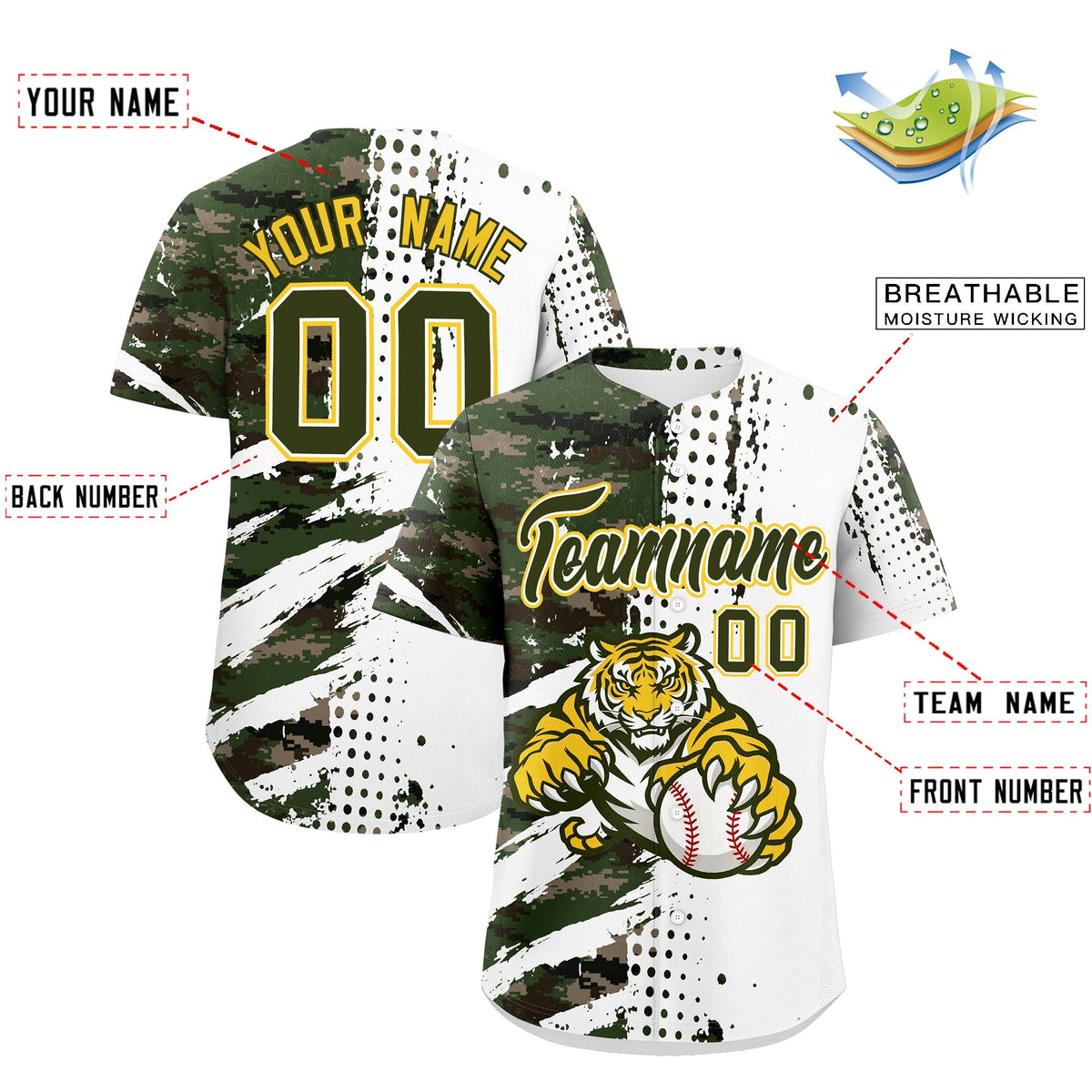 Custom White Camo Olive Full-Snap Graffiti Pattern Tiger Graffiti Jersey Baseball Jersey| KXKSHOP