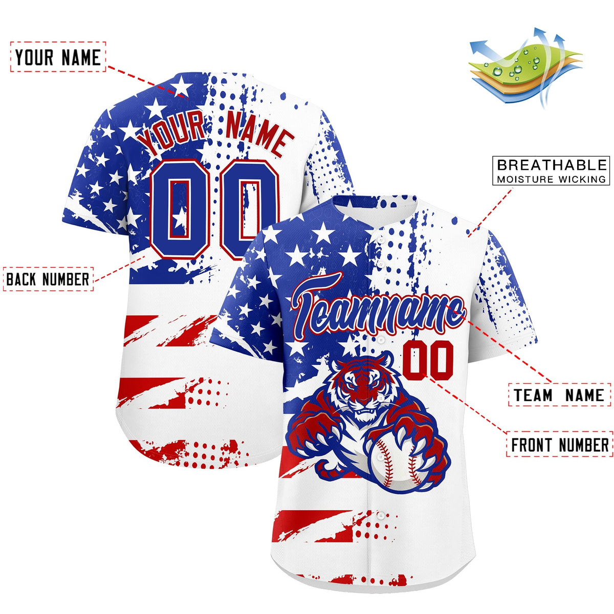 Custom Royal Blue White Red Full-Snap Graffiti Pattern Tiger Graffiti Jersey Baseball Jersey| KXKSHOP