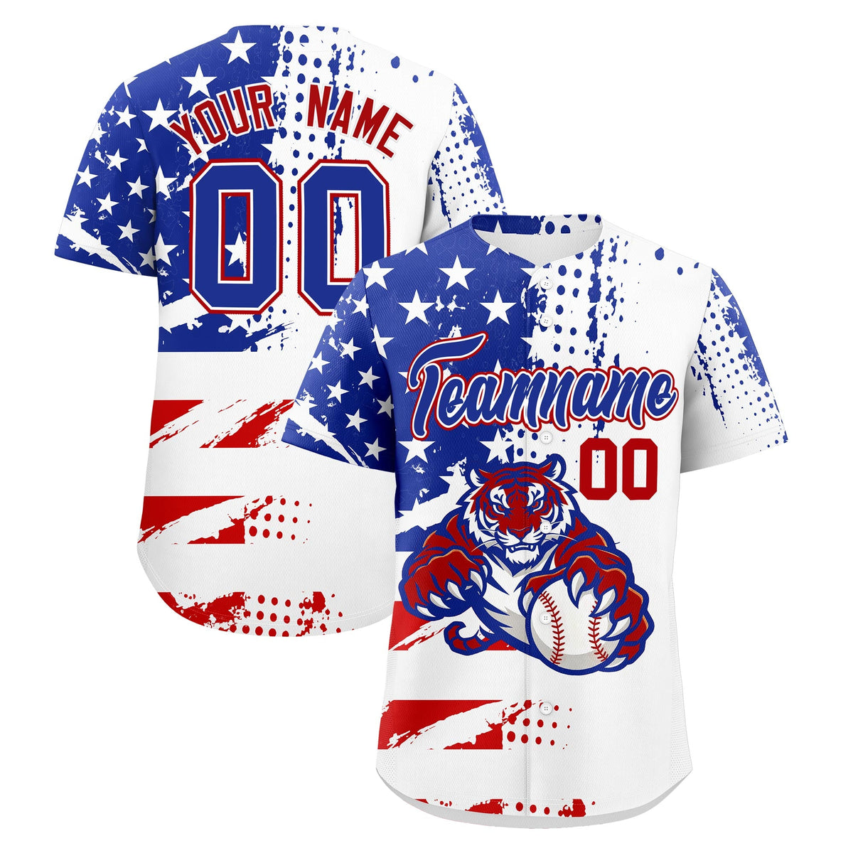 Custom Royal Blue White Red Baseball Jersey Full-Snap Graffiti Pattern Tiger Graffiti Jersey
