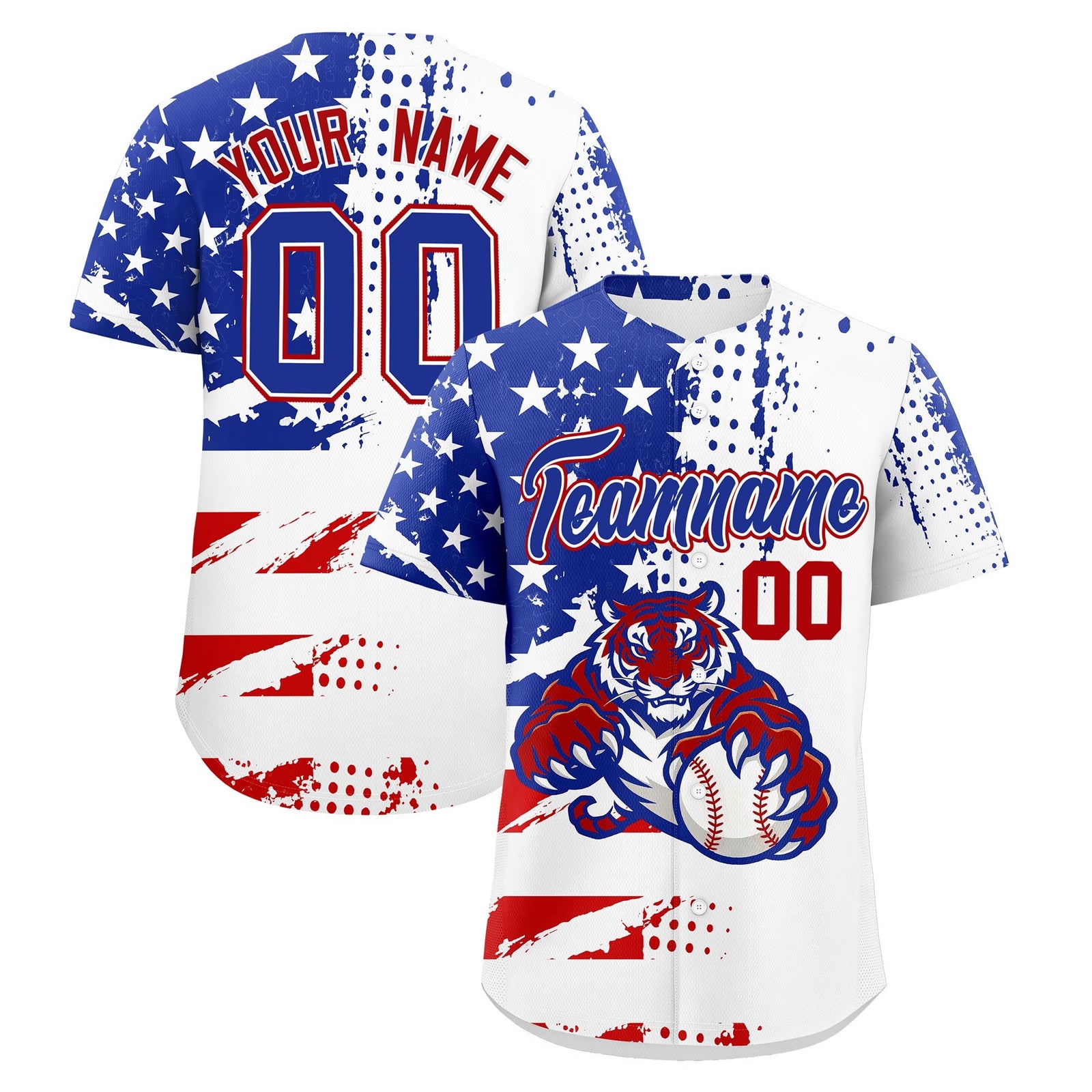 Custom Royal Blue White Red Baseball Jersey Full-Snap Graffiti Pattern Tiger Graffiti Jersey