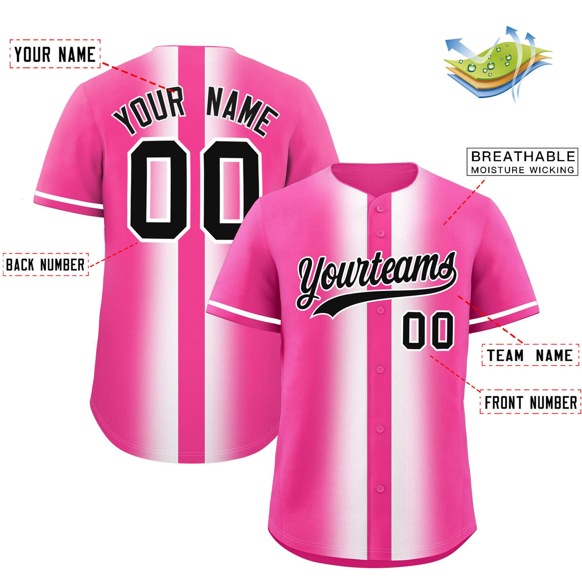 Custom Pink White Lapel Gradient Fashion Authentic Baseball Jersey