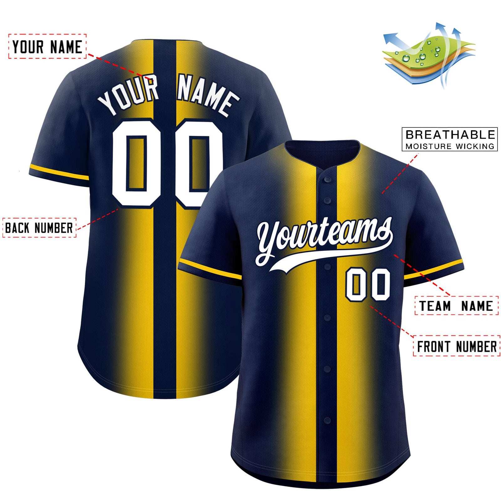 Custom Navy Gold Lapel Gradient Fashion Authentic Baseball Jersey
