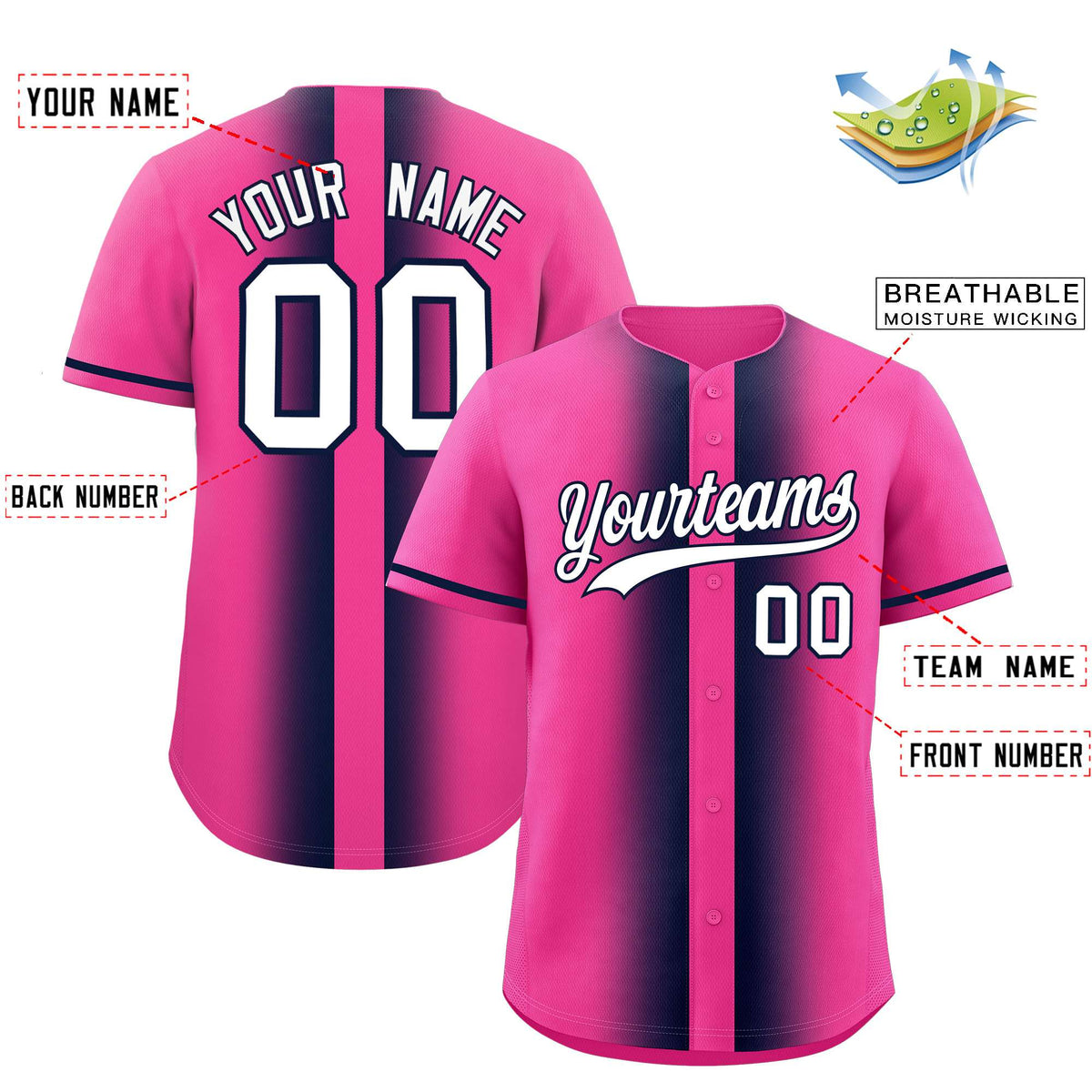 Custom Pink Navy Lapel Gradient Fashion Authentic Baseball Jersey