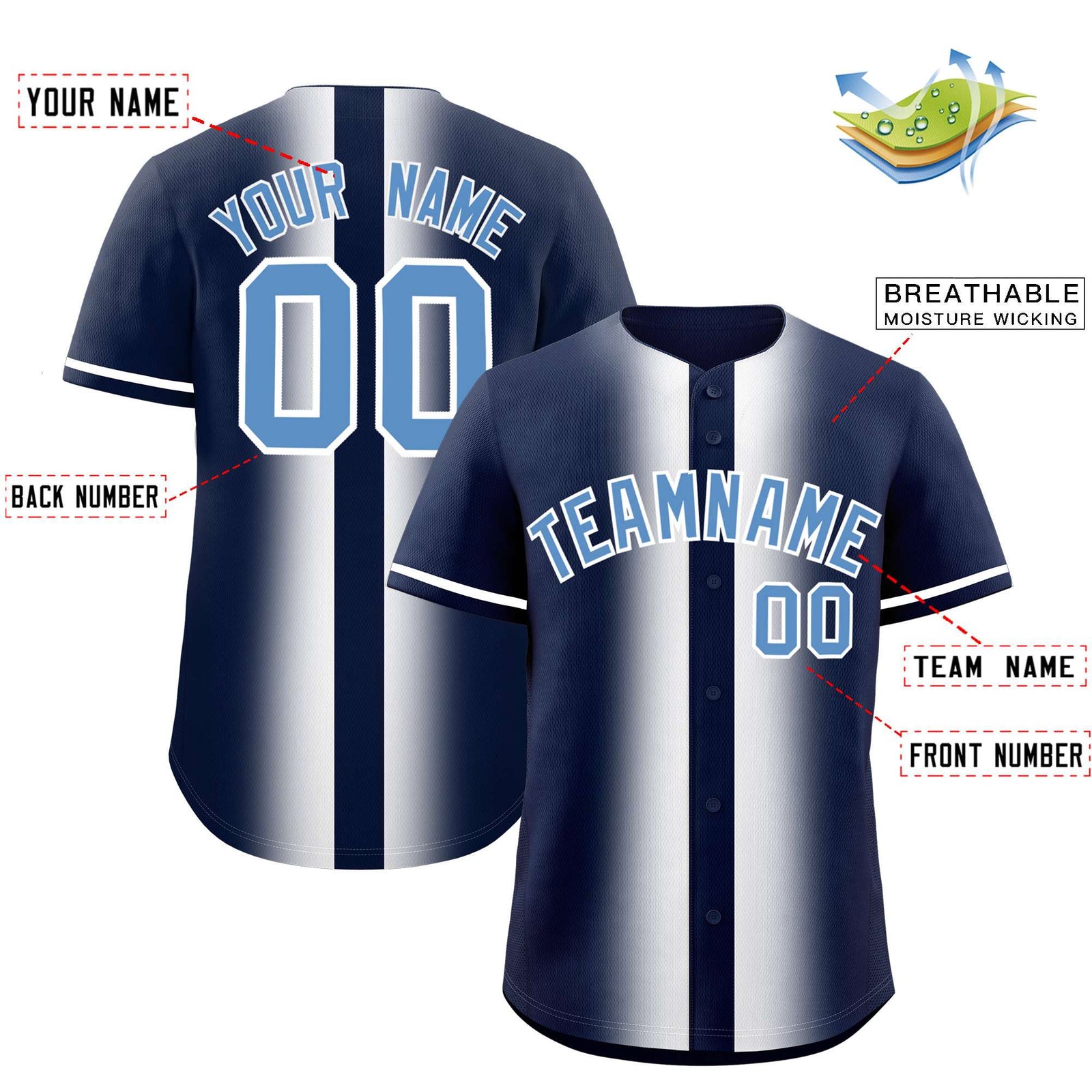 Custom Navy White Lapel Gradient Fashion Authentic Baseball Jersey