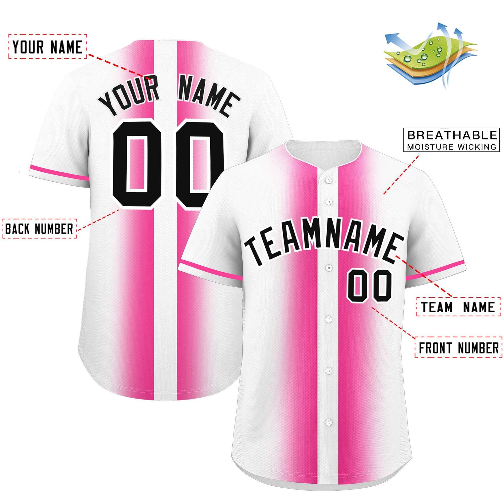 Custom White Pink Lapel Gradient Fashion Authentic Baseball Jersey