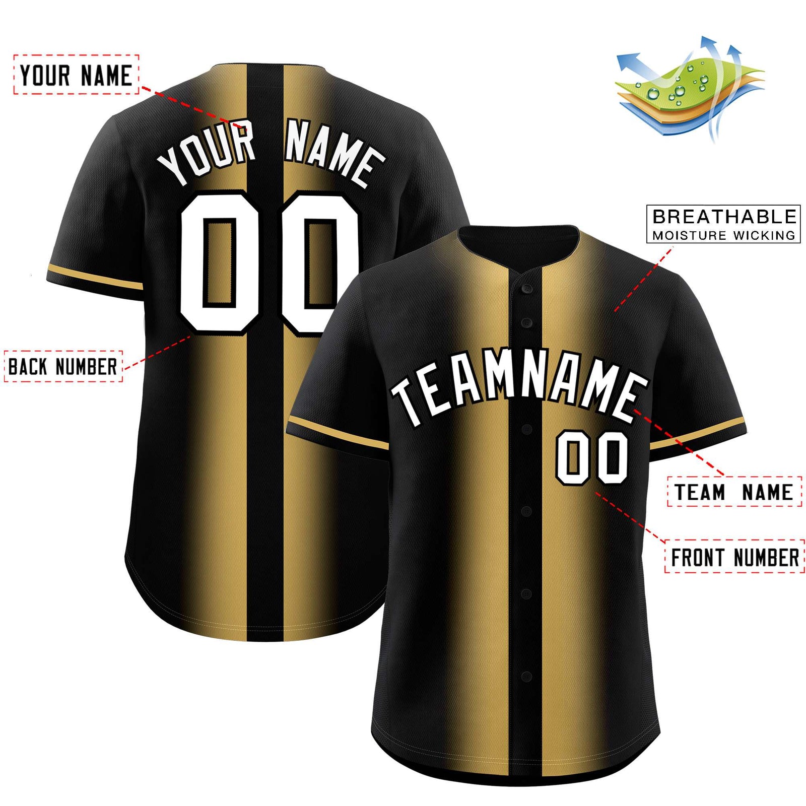 Custom Black Old Gold Lapel Gradient Fashion Authentic Baseball Jersey