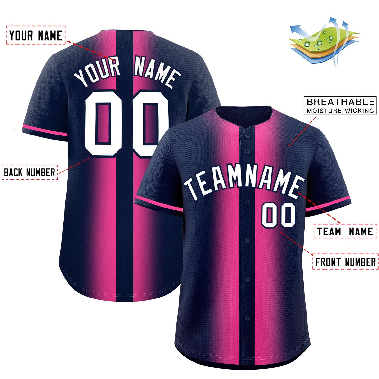 Custom Navy Pink Lapel Gradient Fashion Authentic Baseball Jersey