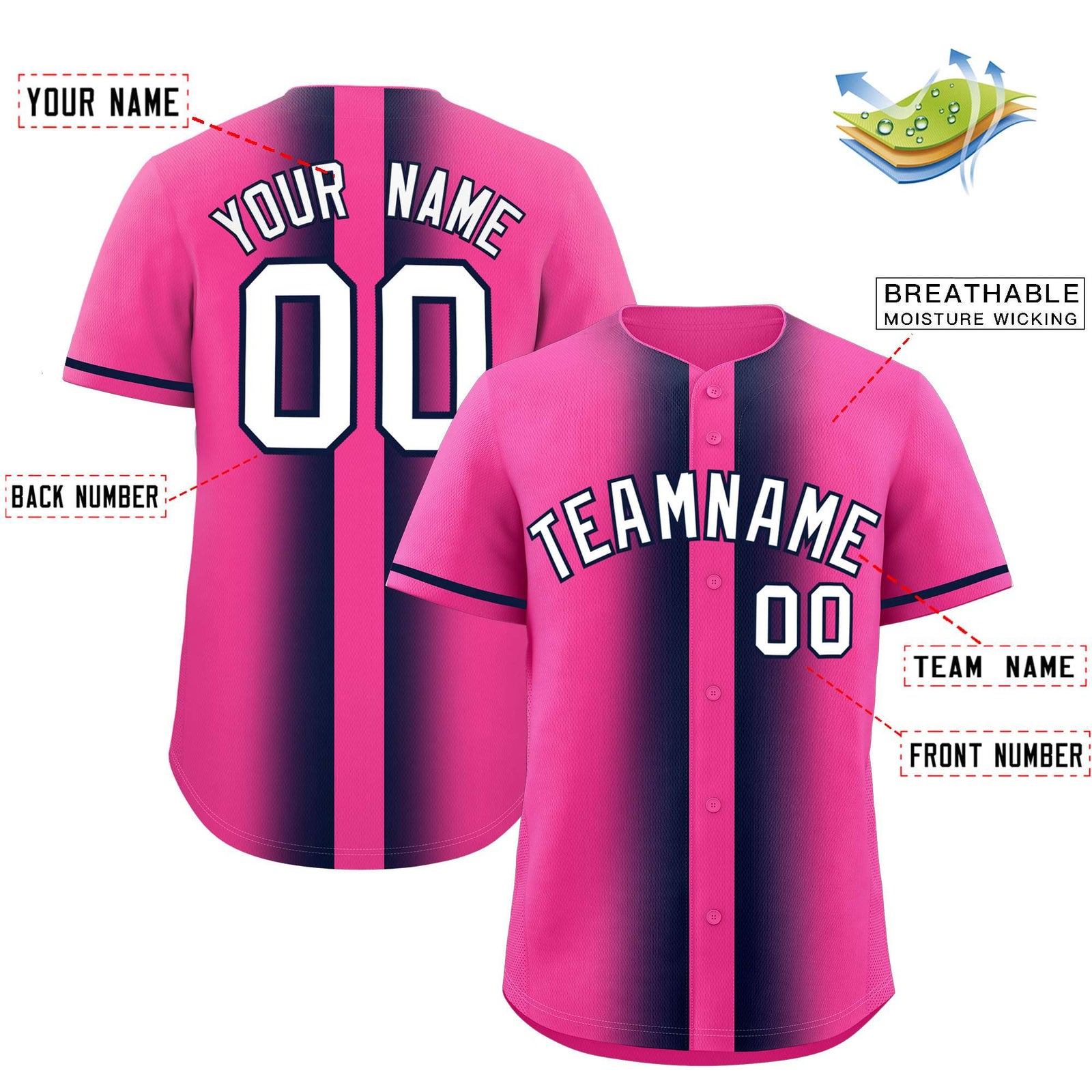 Custom Pink Navy Lapel Gradient Fashion Authentic Baseball Jersey