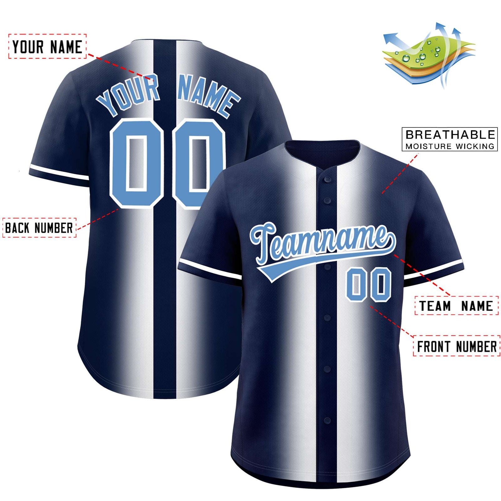 Custom Navy White Lapel Gradient Fashion Authentic Baseball Jersey