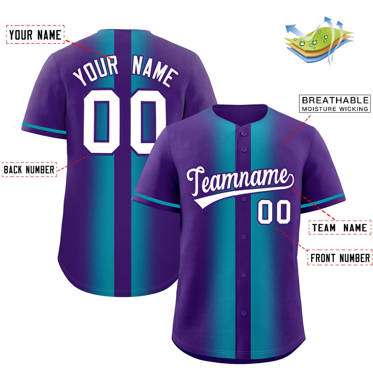Custom Purple Aqua Lapel Gradient Fashion Authentic Baseball Jersey