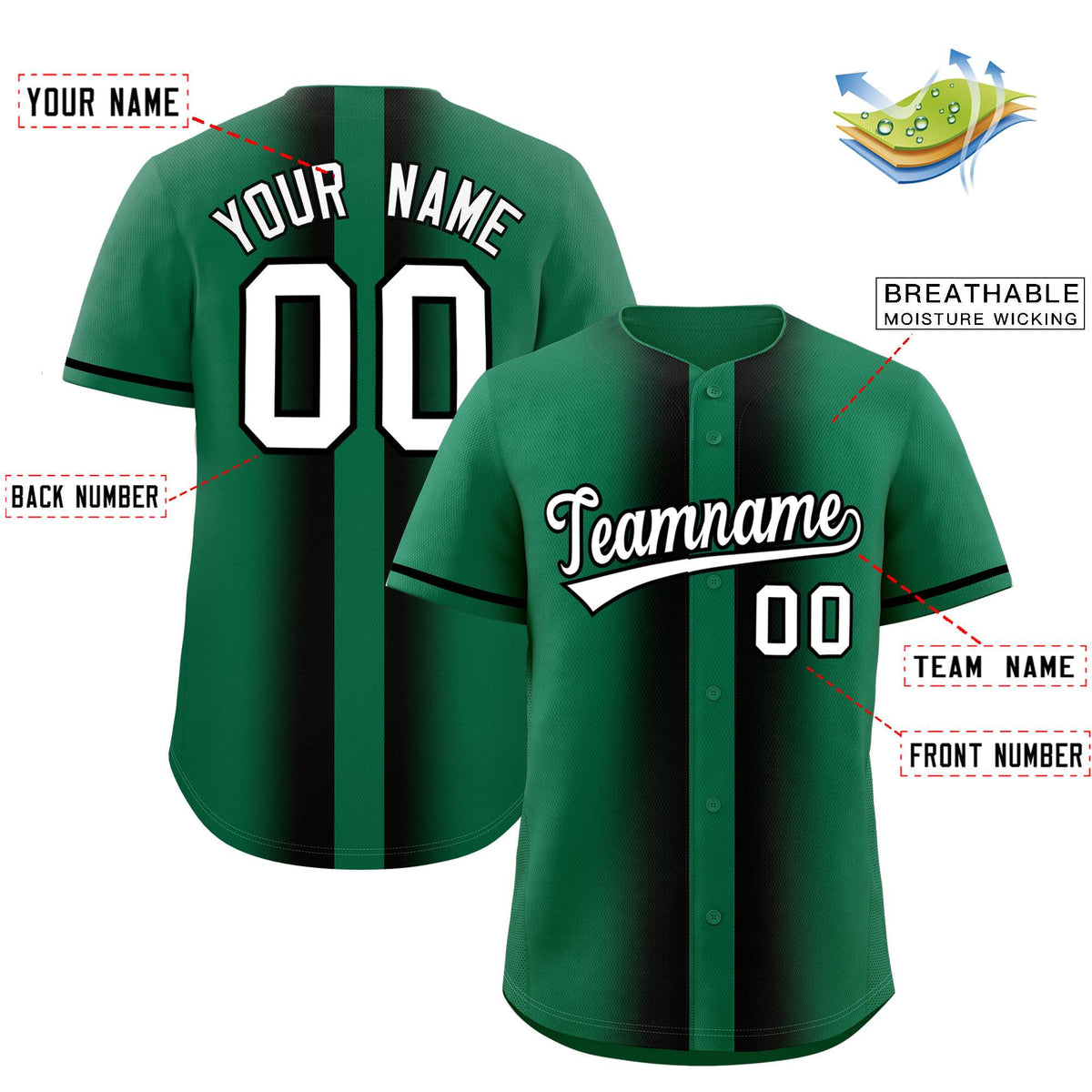 Custom Kelly Green Black Lapel Gradient Fashion Authentic Baseball Jersey