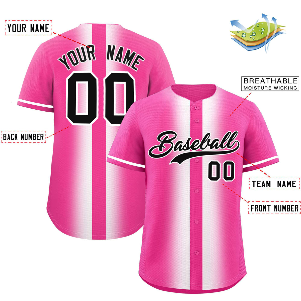 Custom Pink White Lapel Gradient Fashion Authentic Baseball Jersey