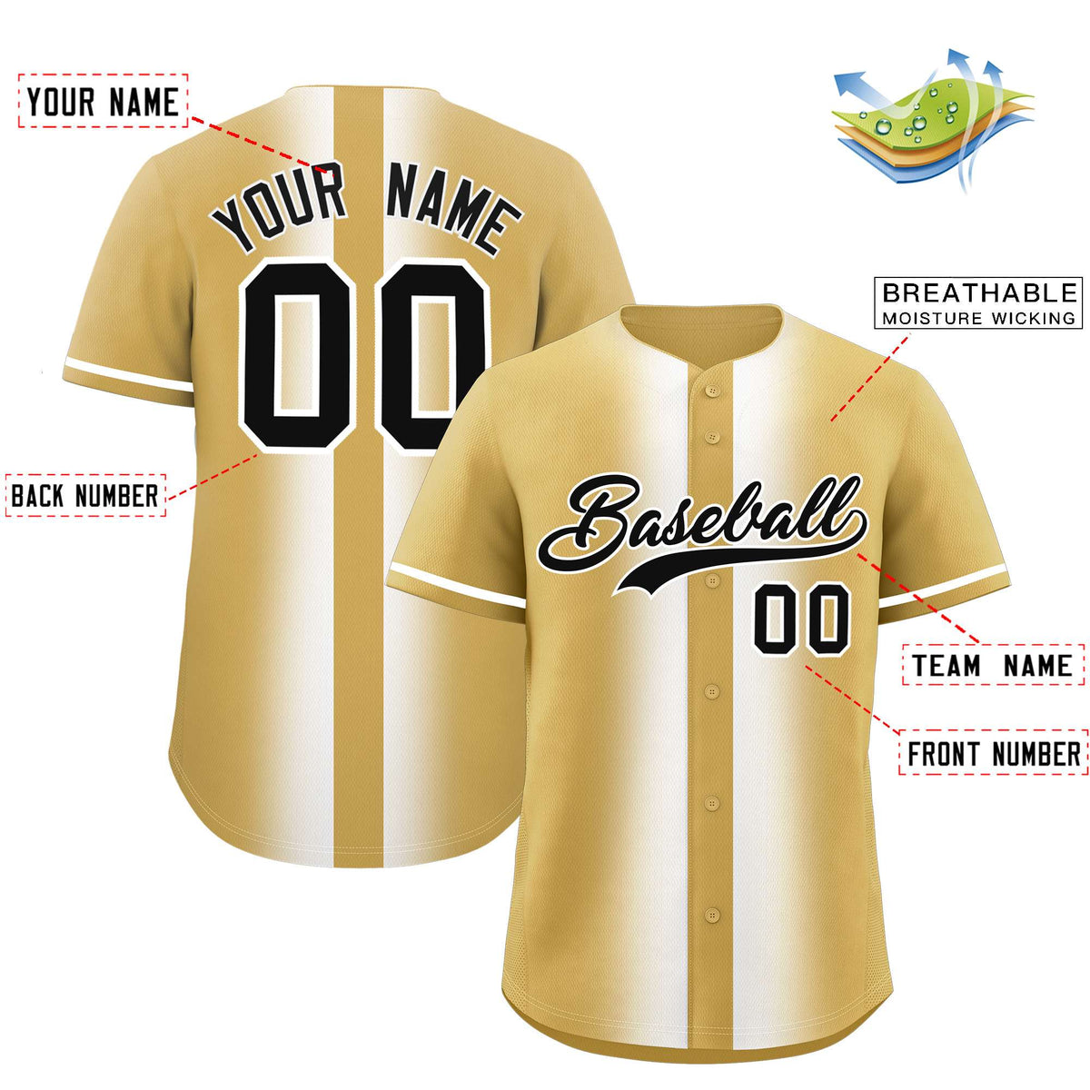 Custom Old Gold White Lapel Gradient Fashion Authentic Baseball Jersey