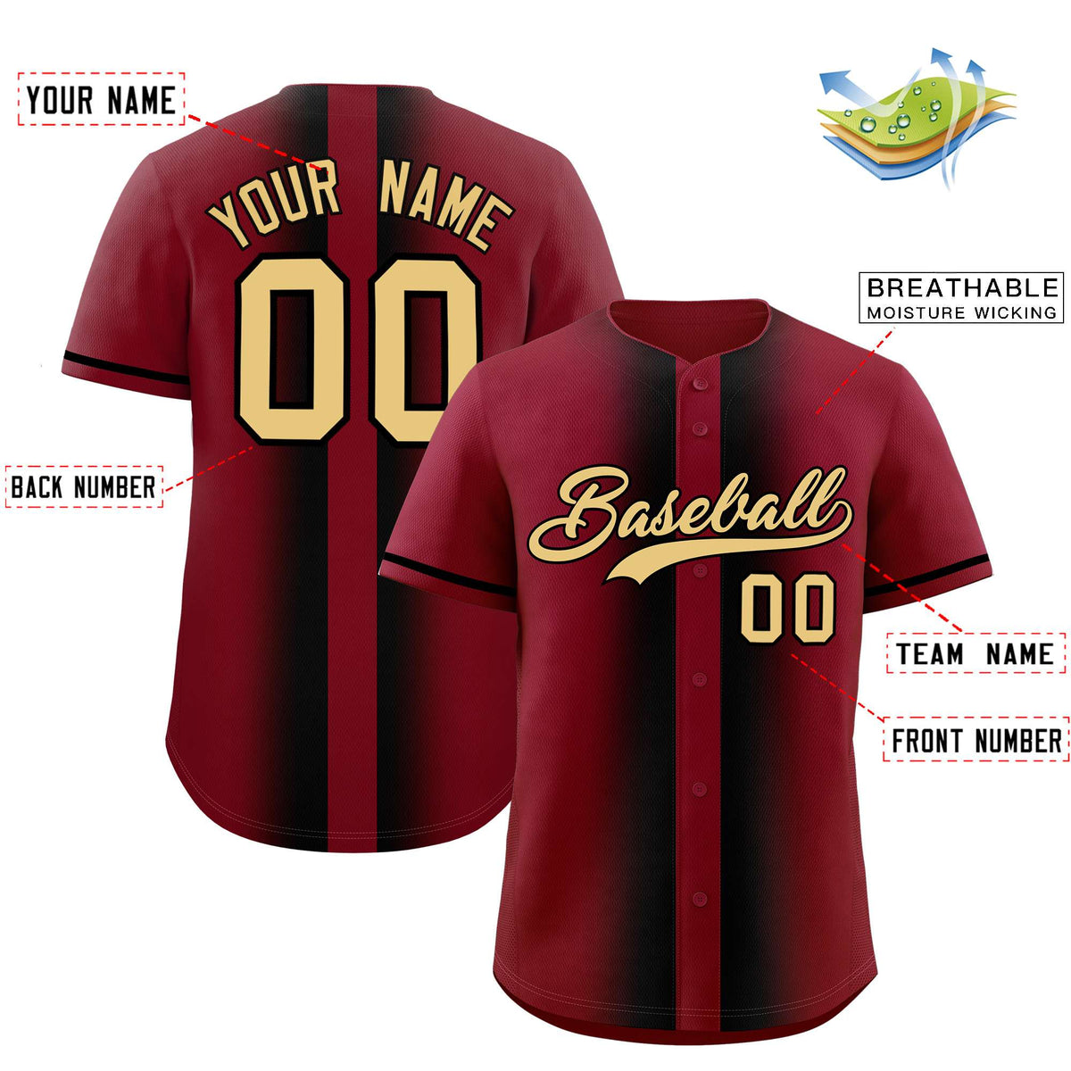 Custom Crimson Black Lapel Gradient Fashion Authentic Baseball Jersey
