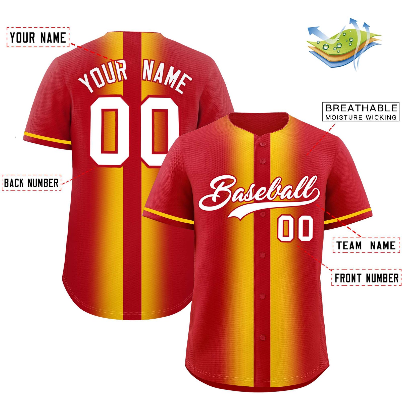 Custom Red Gold Lapel Gradient Fashion Authentic Baseball Jersey