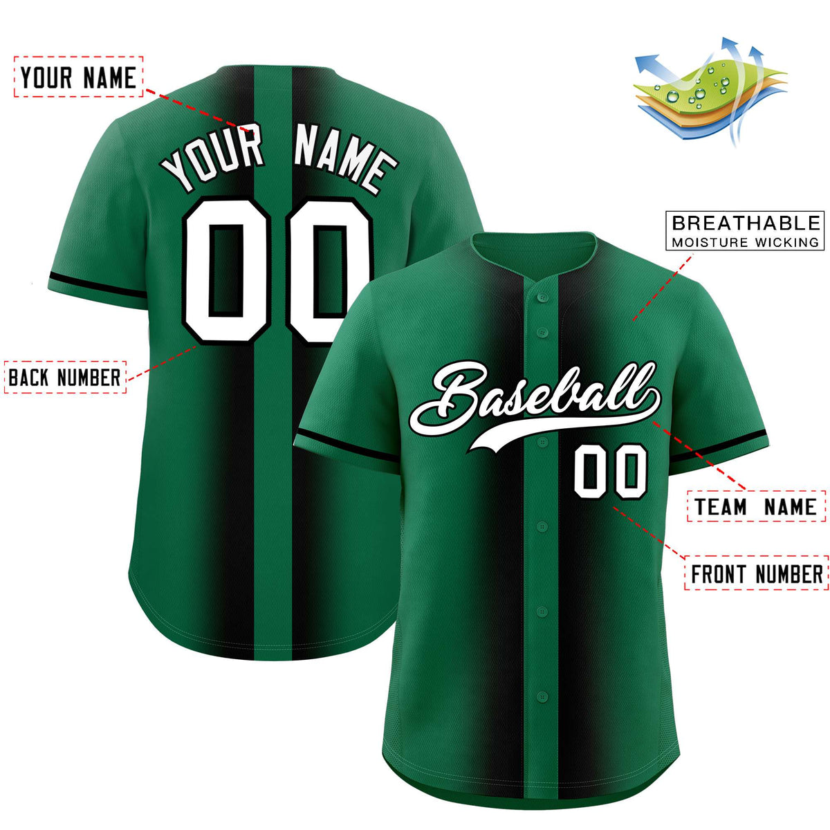 Custom Kelly Green Black Lapel Gradient Fashion Authentic Baseball Jersey