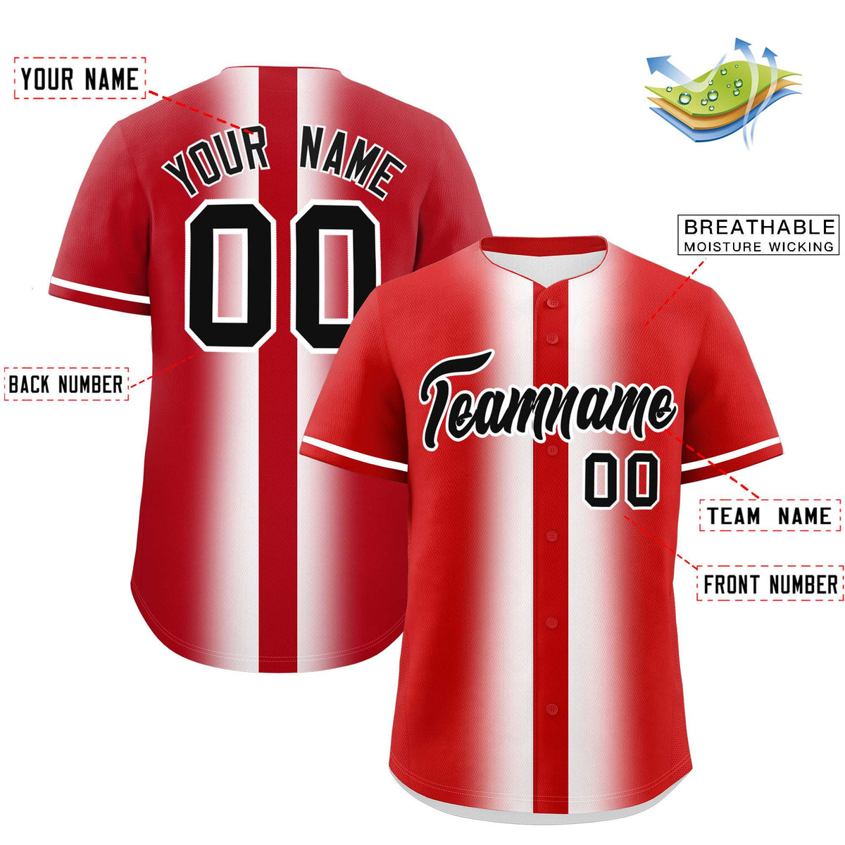Custom Red White Lapel Gradient Fashion Authentic Baseball Jersey