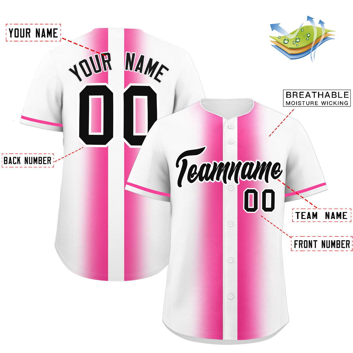 Custom White Pink Lapel Gradient Fashion Authentic Baseball Jersey