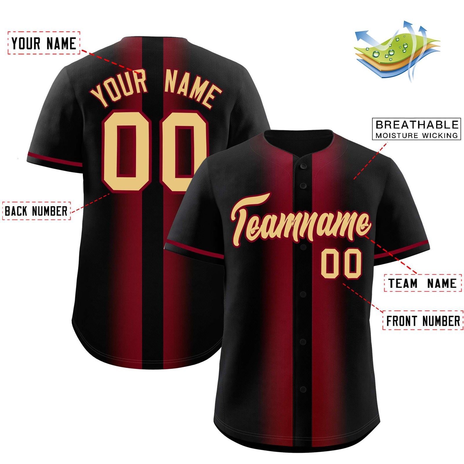 Custom Black Crimson Lapel Gradient Fashion Authentic Baseball Jersey